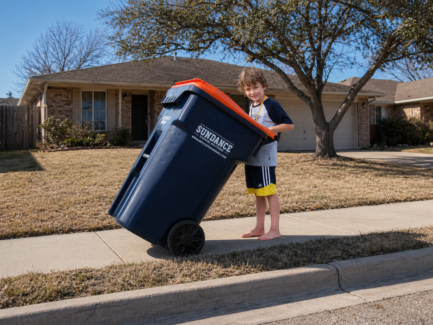 Young boy with Sundance Disposal trash cart at the end of a driveway